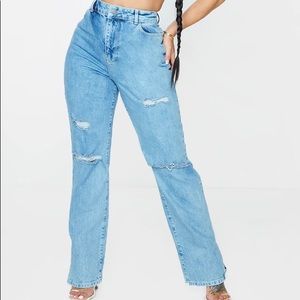 PLT Shape Light Blue Wash Wide Leg Ripped Split Hem Jeans